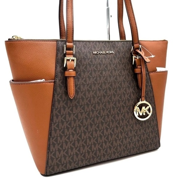 Michael Kors Large Charlotte Tote Bag Luggage Leather Brown - Picture 3 of 12